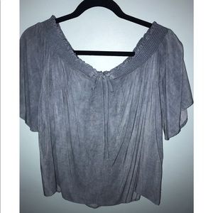 Off the shoulder blue shirt